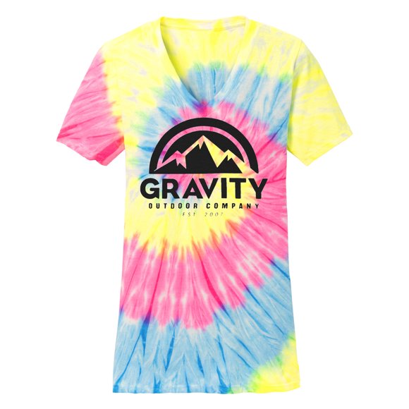 GOC Mountain Water-Based Womens Tie-Dye V-Neck Shirt - Neon Rainbow - X-Small