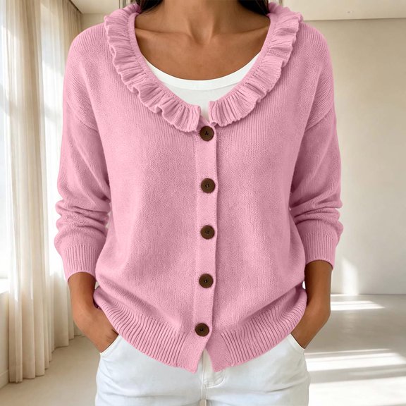 Meichang Button Down Cardigan Sweaters for Women Long Sleeve Knit Cardigan Open Front Loose Fit Ruffle Trim Crew Neck Sweater Cardigans