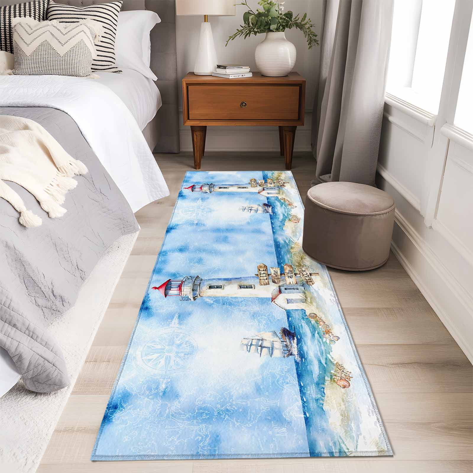 2'x6' Rug Runners for Hallways Kitchen, Nautical Blue Non Slip Entryway Beside Floor Carpet Runner, Lighthouse Ocean Sailboat Summer Painting Washable Laundry Room Bedroom Throw Rugs Mat
