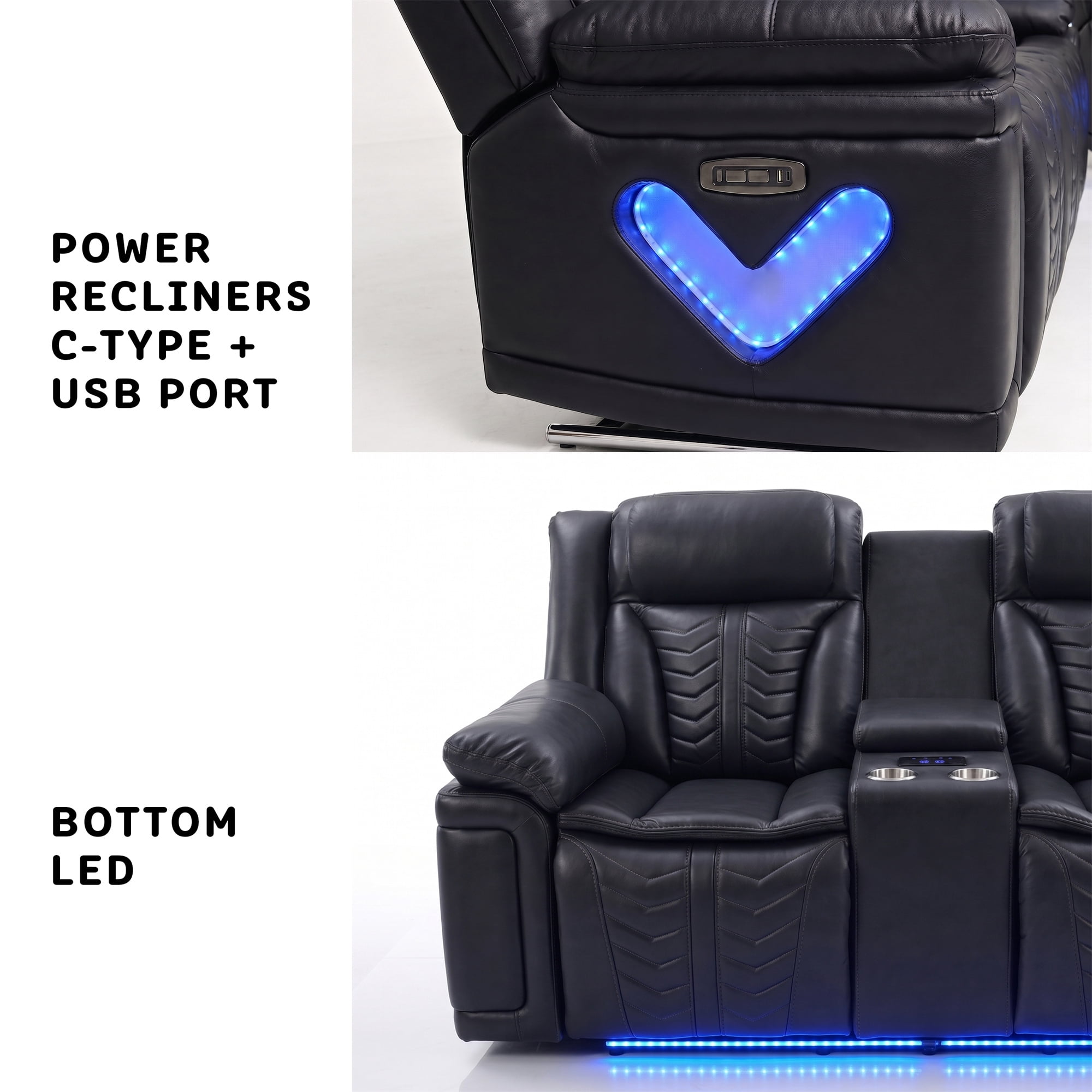 Electra Luxury 2-Piece Power Reclining Living Room Set - Dark Grey Faux Leather Motion Sofa and Loveseat with LED Lighting, Bluetooth Speakers, Drop-Down Table, and Wireless Charging