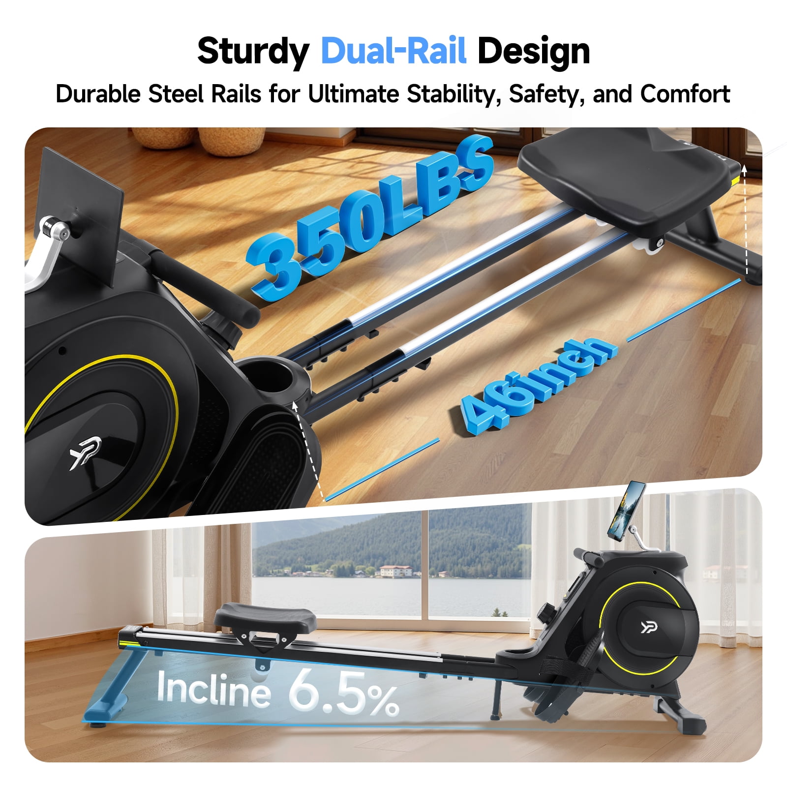 YPOO Magnetic Rowing Machine for Home, 350 lb Capacity, 16-Level Silent Resistance, Foldable Compact Rower for Full-Body Workout with App Support