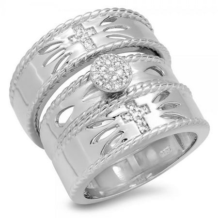 - 0.20 Carat (ctw) Sterling Silver Round Cut Diamond Men & Women's Vintage Style Cross Design Engagement Ring Trio Bridal