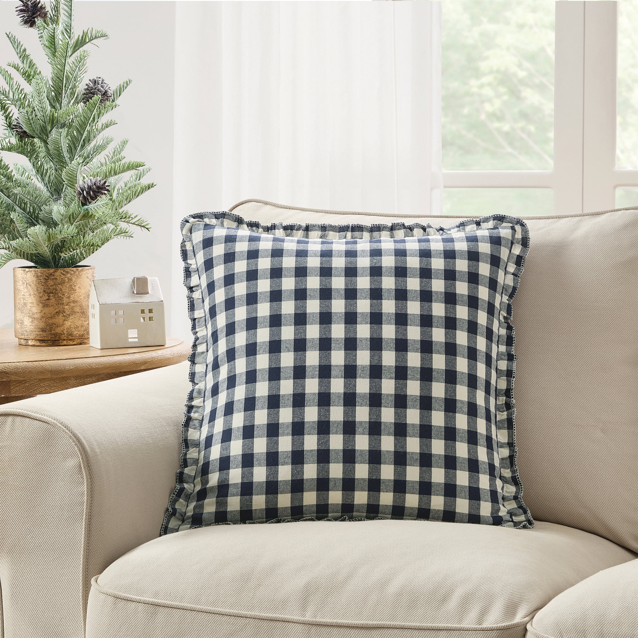 My Texas House 18" x 18" Ivory/Blue Micro Gingham Decorative Pillow