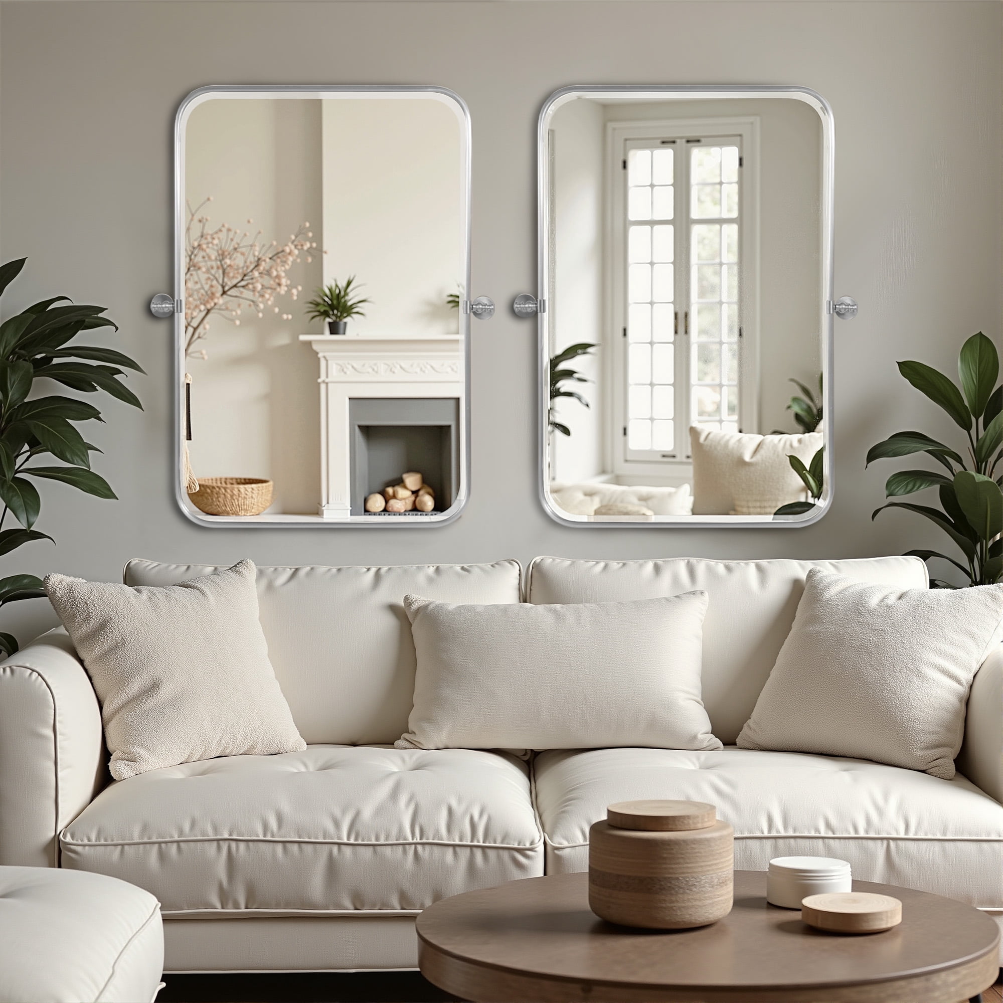 MAYEERTY 36"×24" Silver Iron Rectangular Wall Mirror Rounded Corners, Hardware, Double-Sided for Bathroom