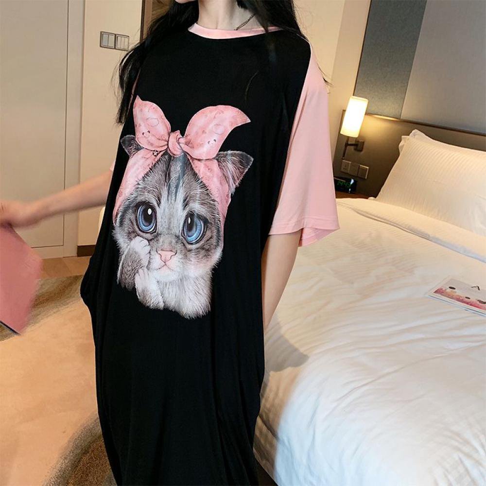 CawBing Women Summer Short Sleeve 3D Cartoon Cat Print Nightgowns