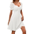 thumbnail image 4 of Womens Summer Sweetheart Neck Short Puff Sleeve Mini Drawstring Casual Slim Flowy Dress Sundress, 4 of 6
