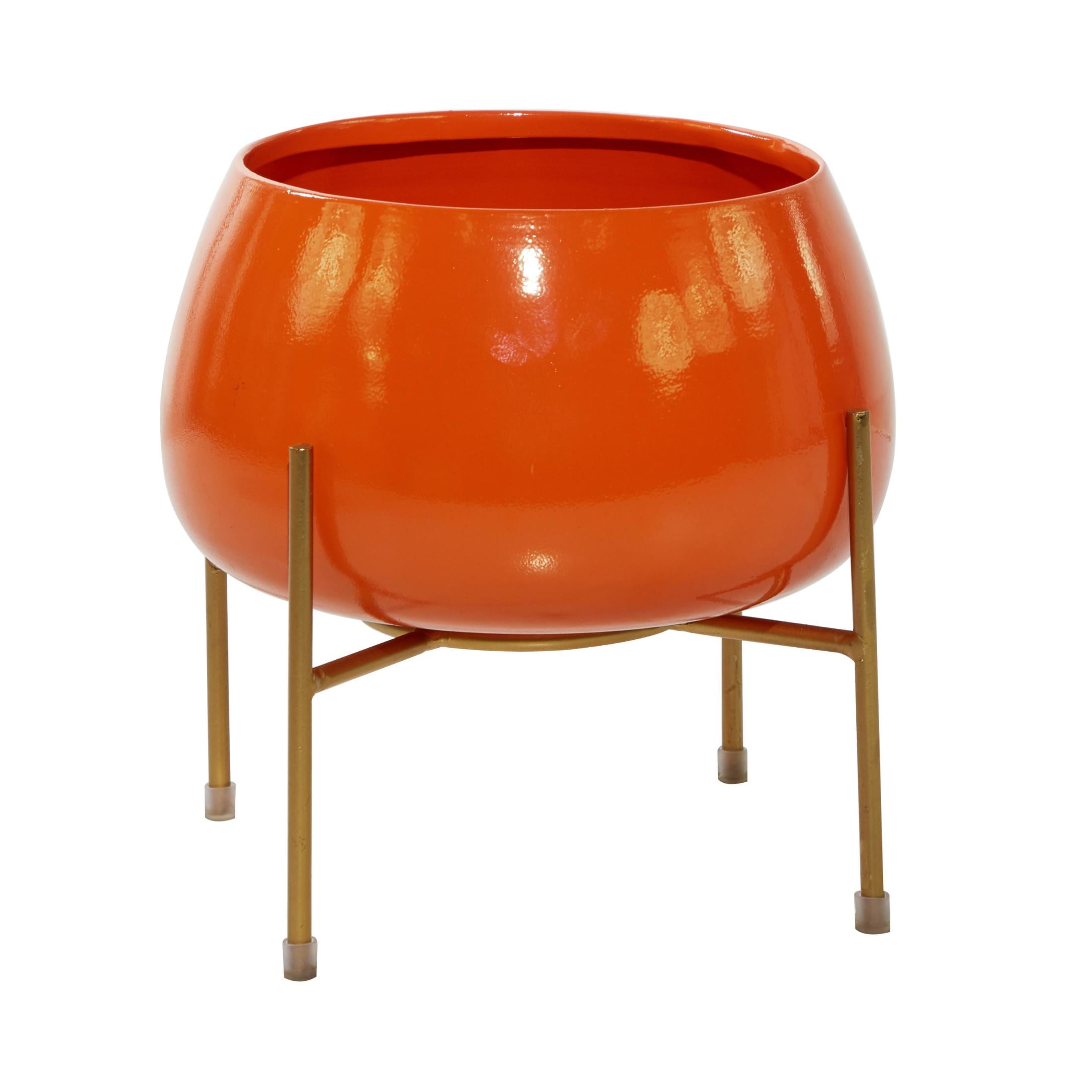 DecMode Modern Metal Dome Shape with X Base Stand Planter, Set of 2 8", 10"H Features Glossy Orange Finish