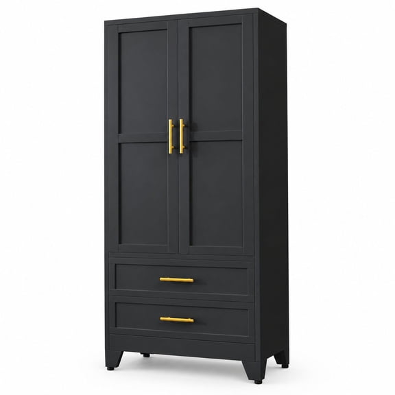 71 Inch Metal Wardrobe Armoire Closet with Hanging Rods, 2 Drawers, Adjustable Shelves - Black Tall Clothing Storage Cabinet Organizer for Home Office Gym