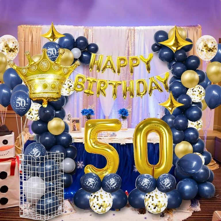 AOWEE Night Blue Party Decorations, Royal Blue Gold Balloon Garland Arch  Kit with Happy Birthday Banner Confetti Balloons Star Crown Foil Balloons  for Women Men 50th Birthday Anniversary 
