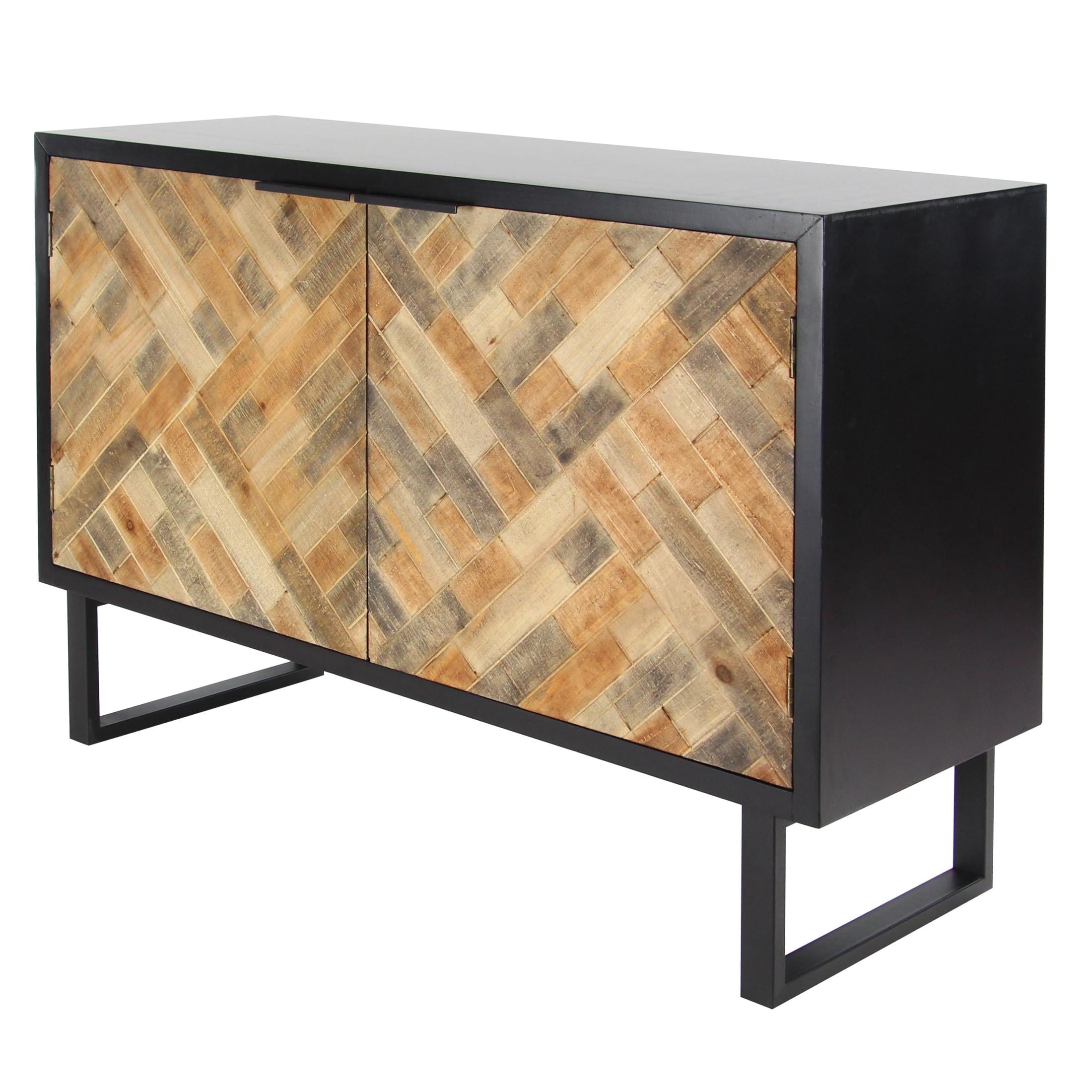 DecMode 47" x 33" Black Wood 2 Door Geometric Cabinet with Wood Inlay, 1-Piece