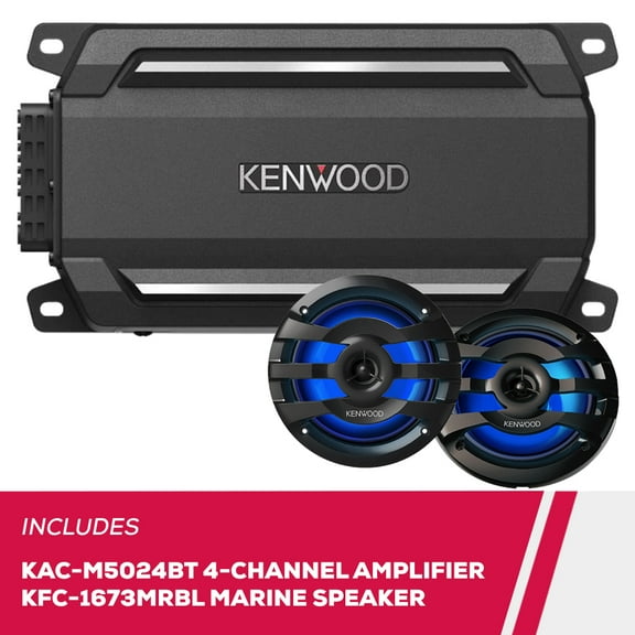 Kenwood KAC-M5024BT 4 Channel Bluetooth, Compact Amplifier with 1 Pair of KFC-1673MRBL 6.5" 2-way Marine Speaker W/ LED (Black)