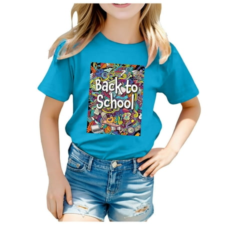 

Dr.Eam Big Girls Tees T-Shirts Kids School Season Back To School Season Printed Casual Short Sleeve Top T Shirt Fashion Tops Casual Soft Dailywear Sky Blue 3 Y-4 Y