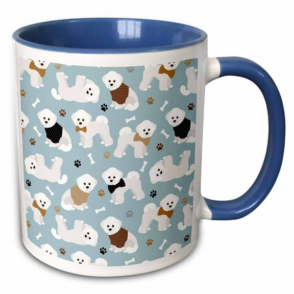3drose, Bichon Frise Paws and Bones Dog Pattern, 15oz Two-tone Blue Mug