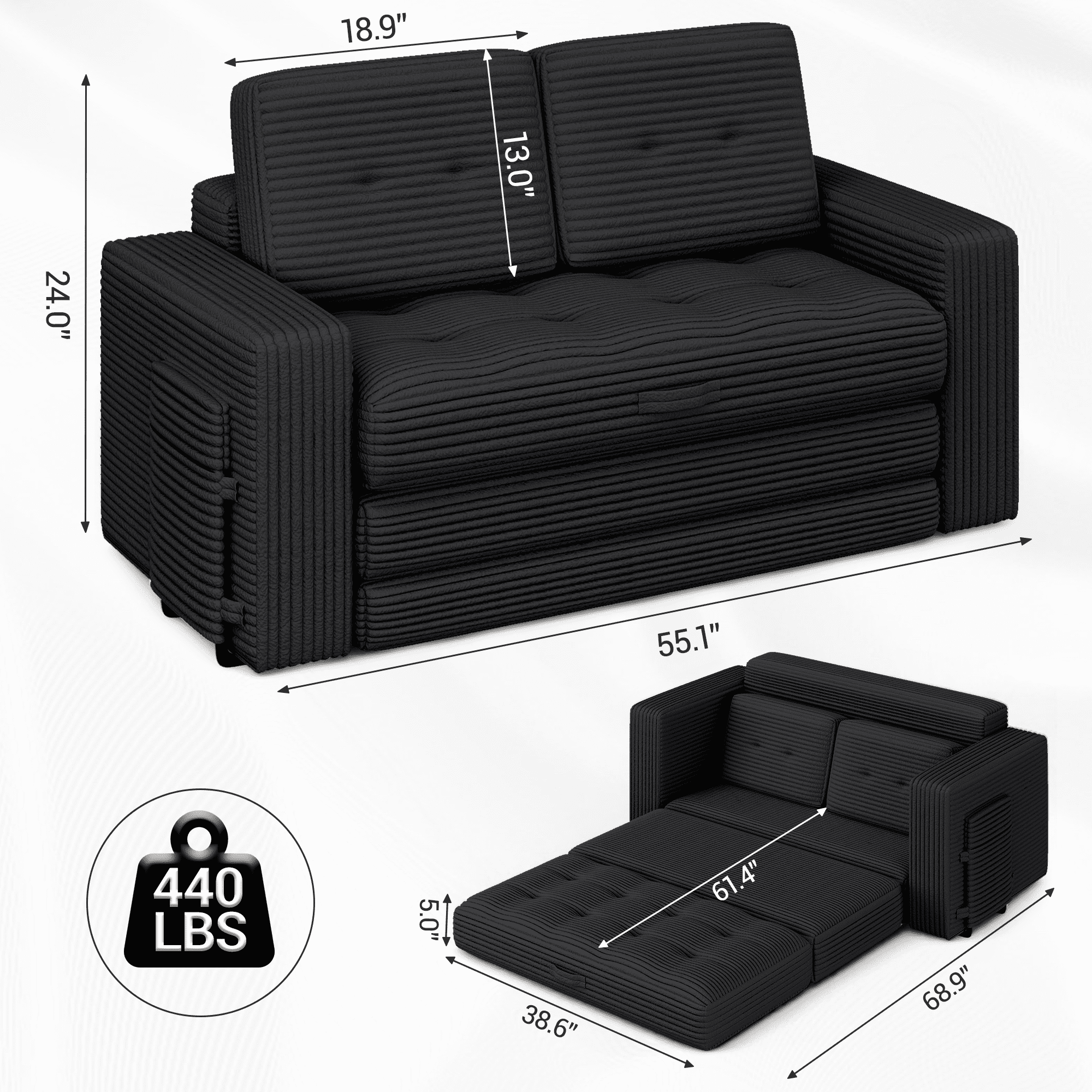 WENTUM Pull Out Loveseat Boneless Couch,Sleeper Sofa, Folding Couch Bed with Pillow for Living Room Bedroom, Black