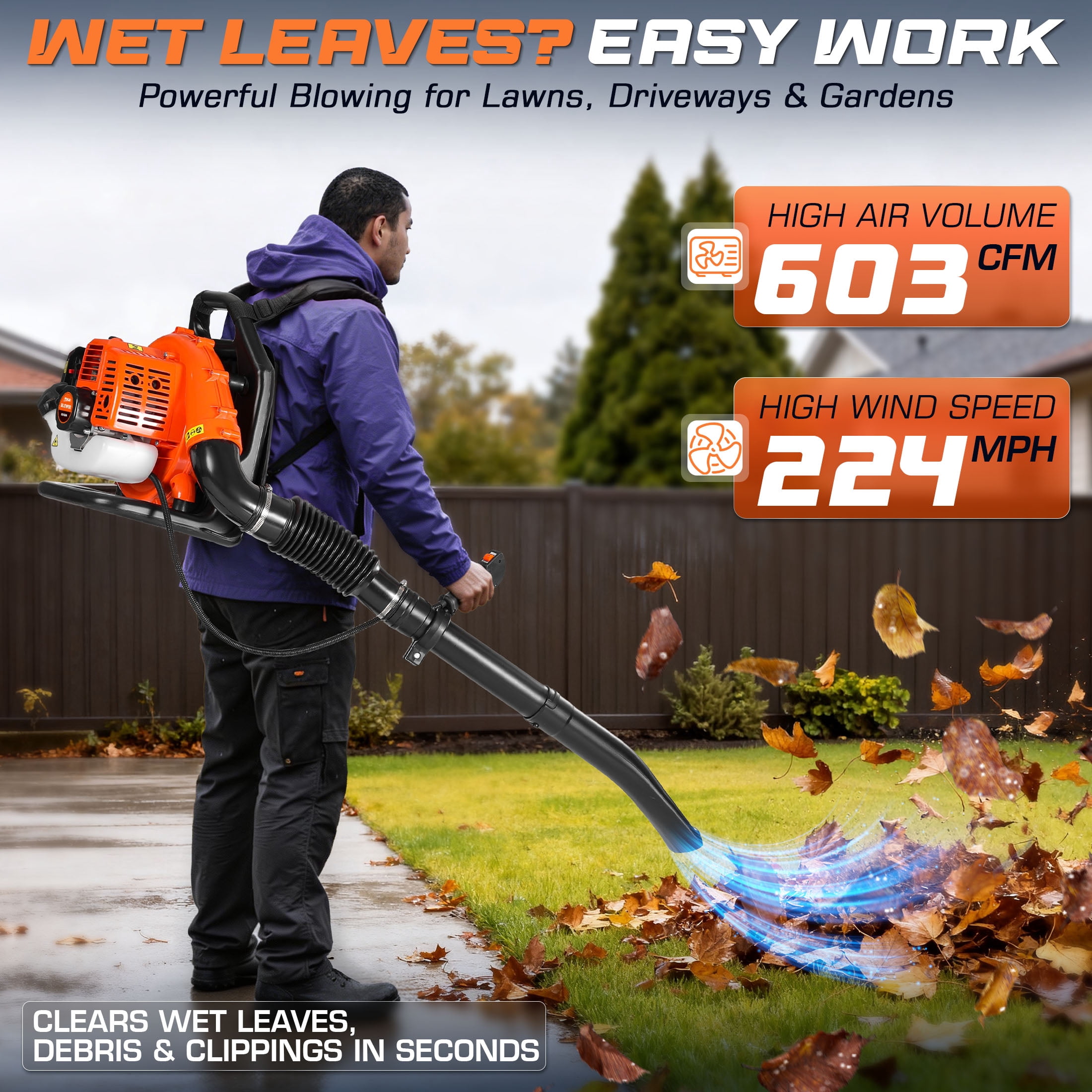 52cc 603 CFM 224 MPH Lightweight Backpack Leaf Blower Gas Powered, 2-Cycle Gasoline Blower with Cruise Control, Professional Backpack Blowers for Lawn Care, Large Yard Waste, Grass & Debris Cleaning