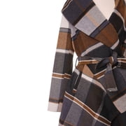 CHICWISH Women's Turn Down Shawl Collar Open Front Earth Tone Check Asymmetric Hemline Wool Blend Coat