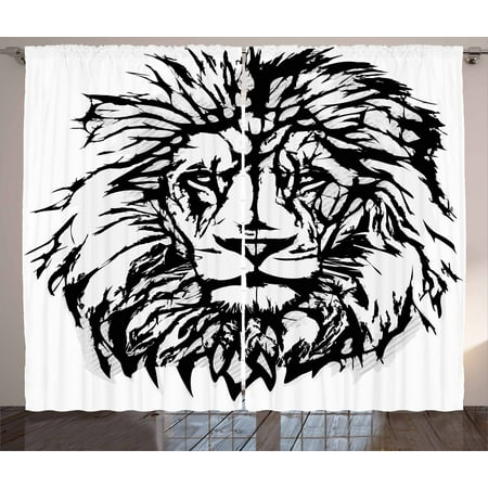 Lion Curtains 2 Panels Set, Sketch Art of African Safari Animal King of the Jungle Savannah Wildlife, Window Drapes for Living Room Bedroom, 108W X 96L Inches, Black White Pale Grey, by