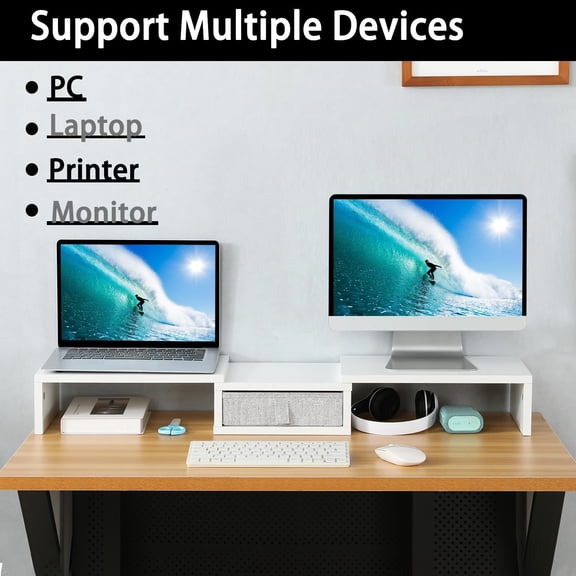 White Dual Monitor Stand Riser with Drawer - Length and Angle Adjustable Double Corner Desk Shelf Organizer 37 inch Long