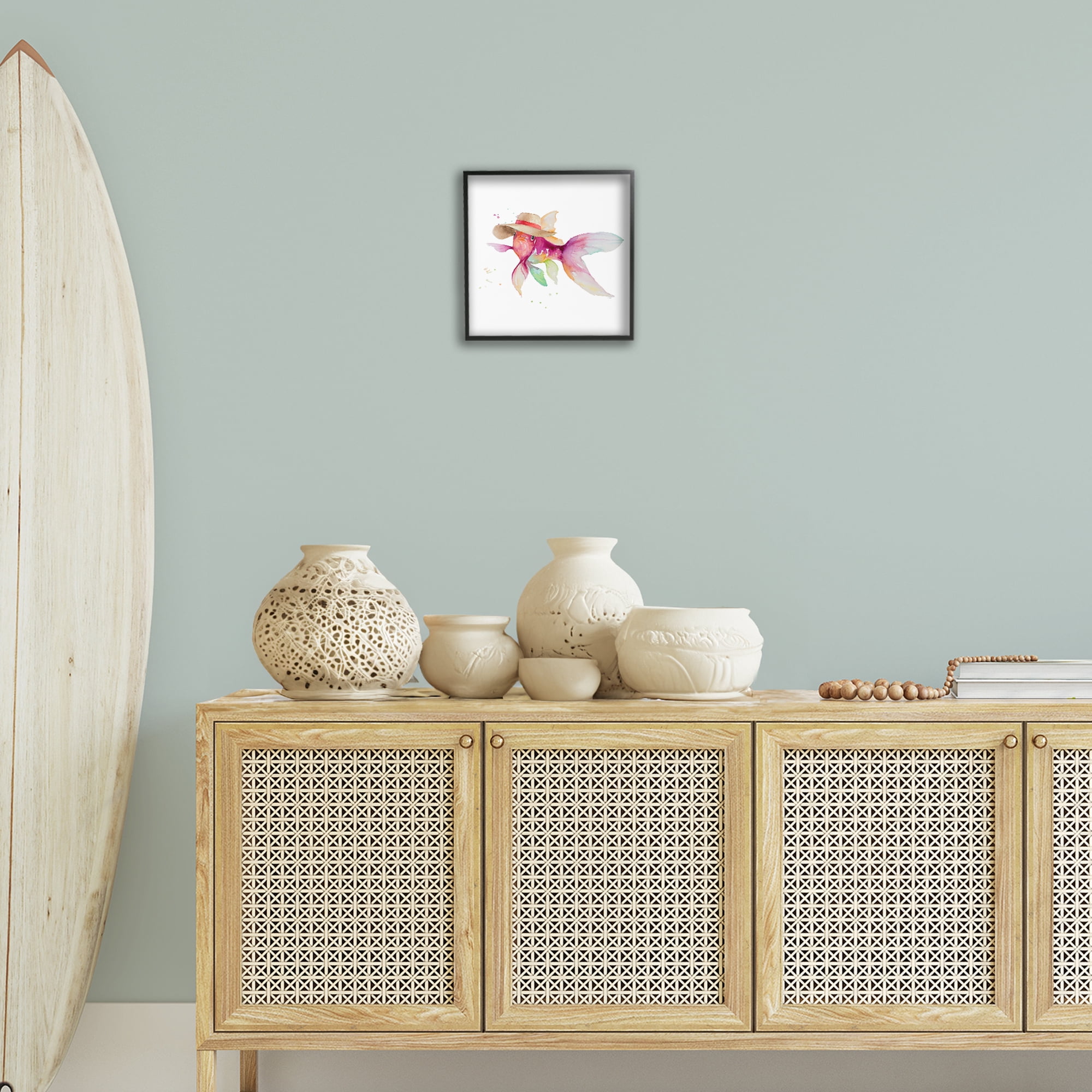 Stupell Industries Beach Fish Watercolor Novelty Painting Black Framed Art Print Wall Art, 12 x 12