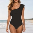 thumbnail image 2 of WEIGFI Women's Swimsuit One-Piece One Shoulder Flowy Ruffles Elegant Beachwear Solid Color Tummy Control Bathing Suit Comfort Vacation Swimwear,Black,XL, 2 of 5