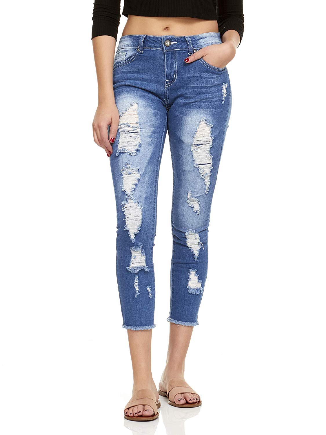 YDX Smart Jeans High Waisted Casual Stretchy Comfy Ripped Frayed Denim ...