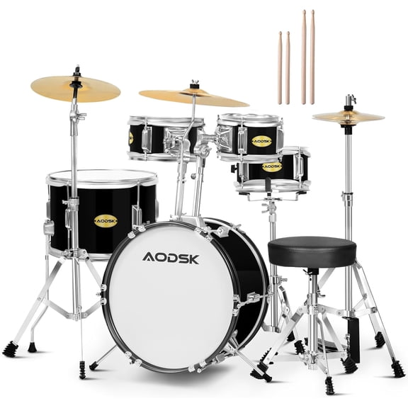AODSK 5-Pc Junior Drum Set w/ Bass Snare Cymbal Hi-Tone Stool Pedal, Black