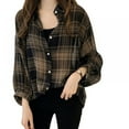 thumbnail image 1 of Women V Neck Plaid Long Sleeve Button Down Blouses Tops, 1 of 6