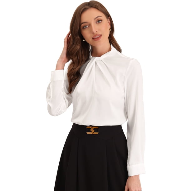 Blusa de Trabajo de Satén para Mujer Elegante Cuello Torcido de Manga Larga Blusa blanco L
