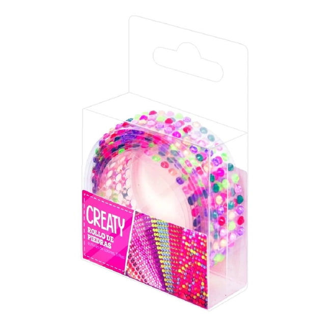 rollo de piedras creaty de varios colores, rollo en estuche plástico con cinta de tres filas de piedras acrílicas multicolor autoadheribles, vista frontal que muestra el carrete y las filas brillantes, ideal para manualidades, scrapbooking y decoración ligera.