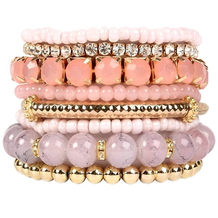 Xiao Hua Bohemian Stackable Bead Bracelets for Women Multicolor Stretch Beaded Bracelets Layered Bead Adjustable Bracelet Stretch Bracelets(Pink)