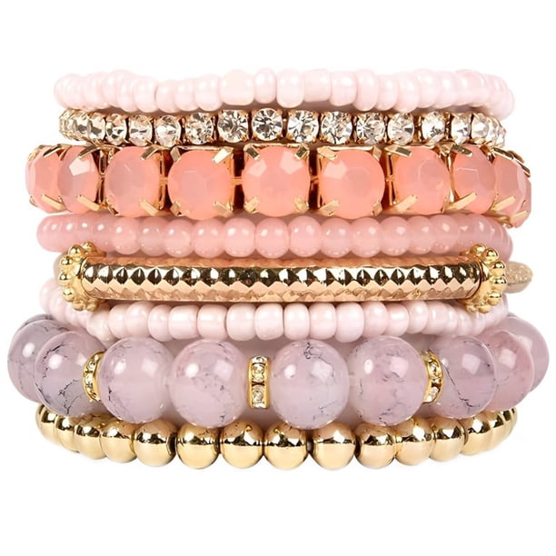 Xiao Hua Pulseras de cuentas apilables bohemias para mujer, pulseras elásticas multicolores, pulseras ajustables con cuentas en capas (rosa)