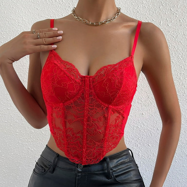 RQYYD Reduced Women's Lace Trim Corset Spaghetti Strap Asymmetrical Hem  Shapewear Cami Tank Top Going Out Party Corset Bustier Tops Red M