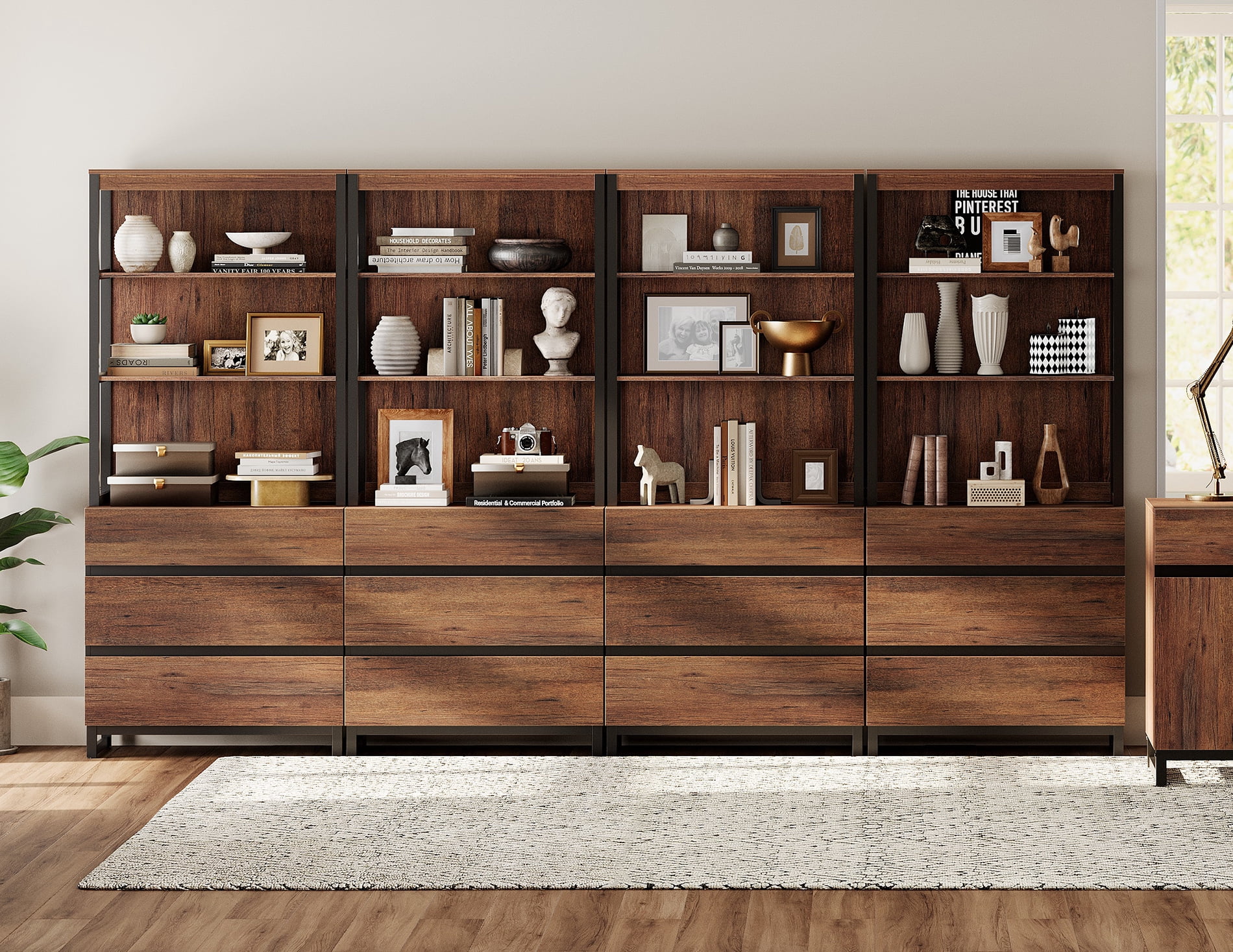 WAMPAT 4-Piece Modern 72" Tall Library Bookcases with 12 Drawers & Open Shelves, Wood Freestanding Bookshelves with Storage Cabinet & Metal Base for Home Office & Living Room, Brown