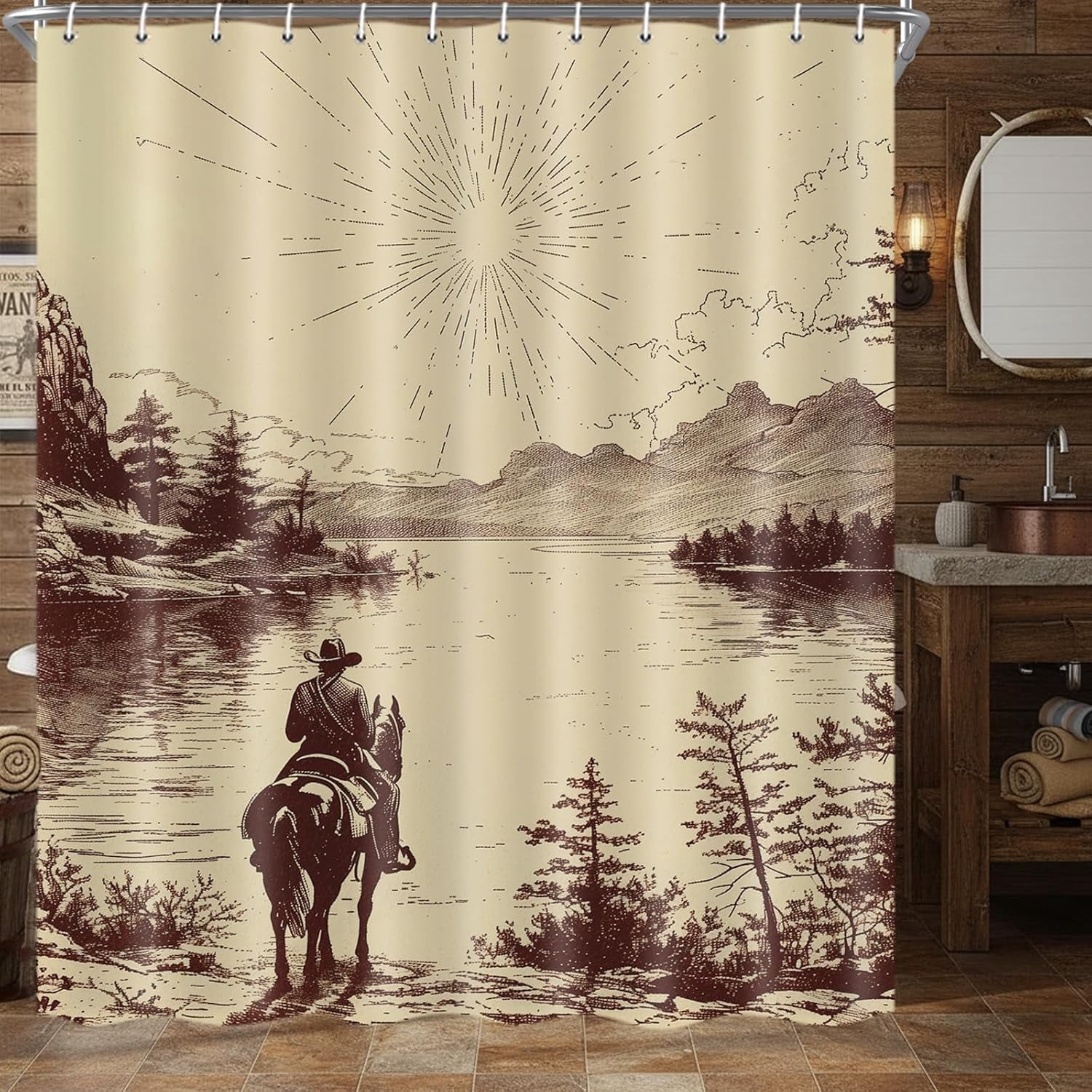 Western Cowboy Shower Curtain, Retro Country American Wild West Cowboy Riding Horse by The River Hand Drawn Fabric Shower Curtain for Bathroom Home Decor,47X64