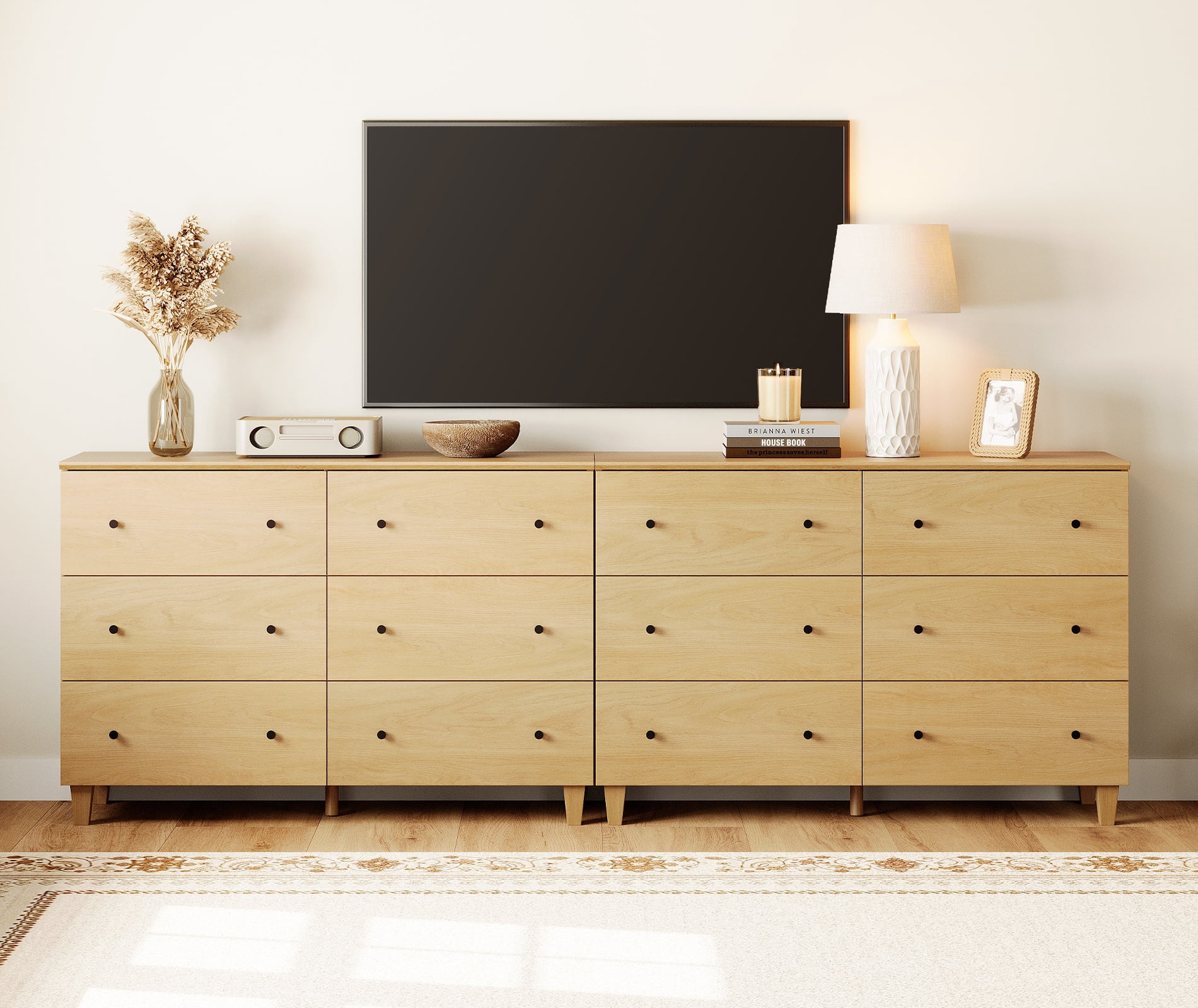 Modern 12-Drawer Double Dresser, Wood Chest of Drawers with Oak Wood Finish, 95" Wide