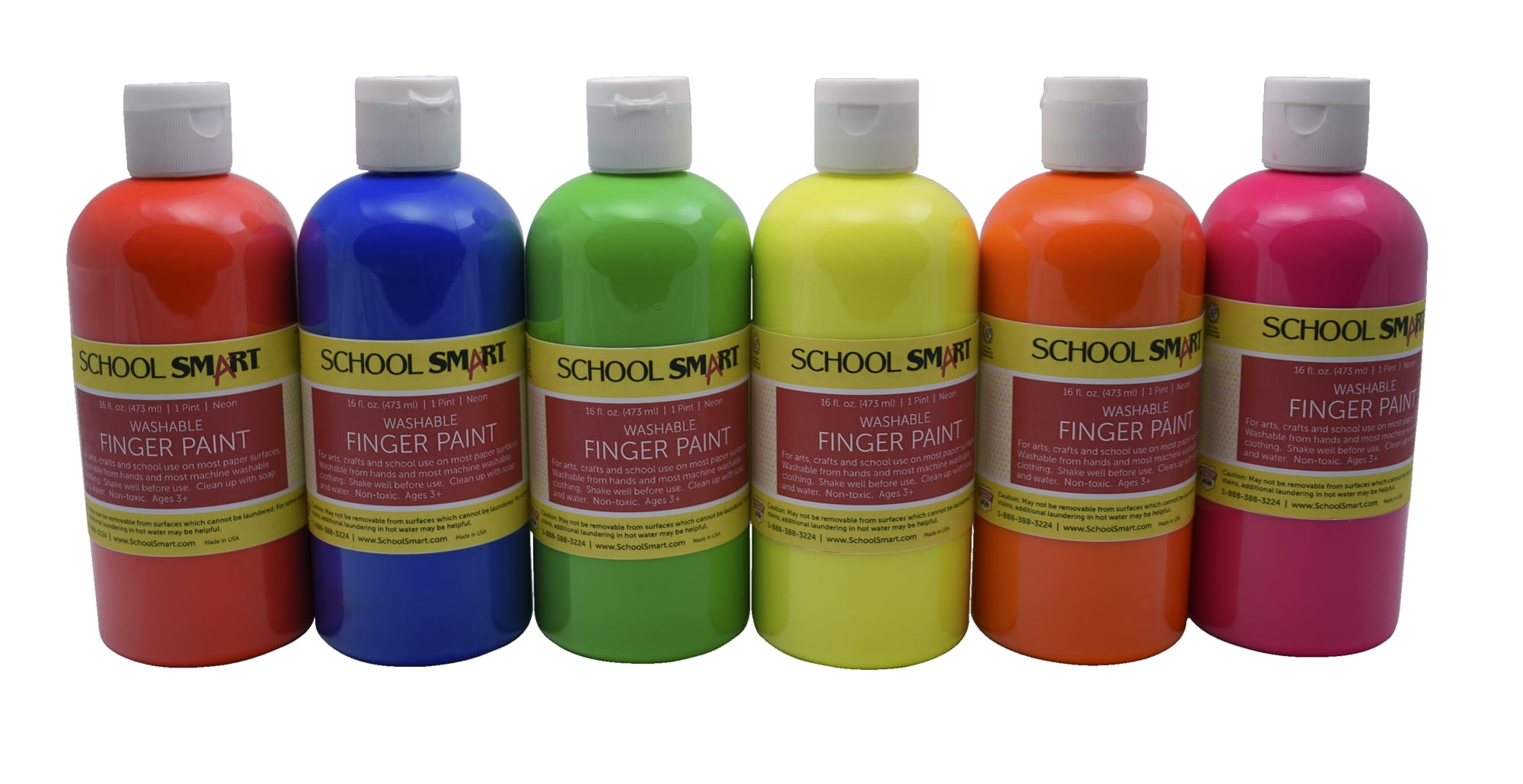 School Smart Washable Finger Paint, Assorted Neon, 16 oz., Set of 6