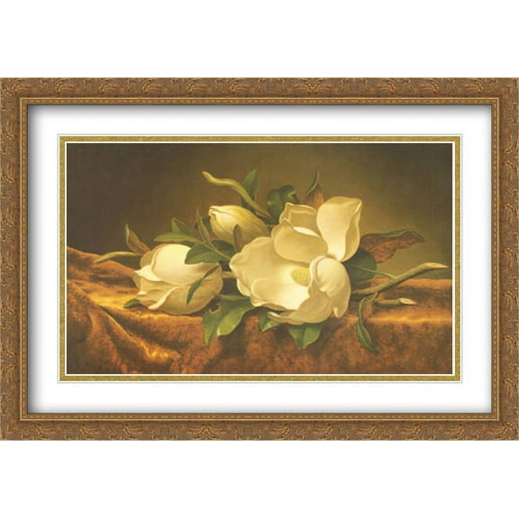 Magnolias on Gold Velvet Cloth 2x Matted 27x20 Large Gold Ornate Framed Art Print by Martin Johnson Heade