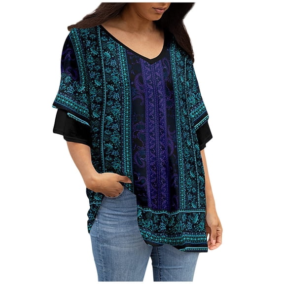 Summer Saving Wycnly Womens Tops Dressy Casual Short Sleeve V-Neck Floral Summer Shirts Ruffle Layer Sleeve Lightweight Plus Size Pullover Blouse Navy XXXL Clearance Clothes