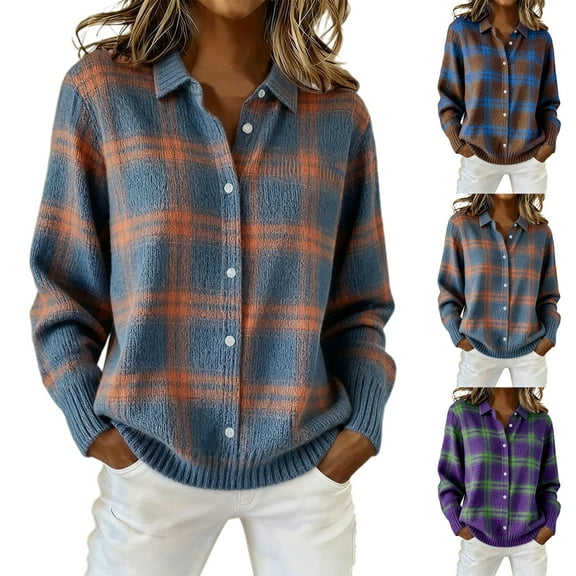 Womens Plaid Print Cardigan Sweater Casual Buttoned Knitted Cropped Long Sleeve Checkered Soft Wear 2026 Coffee S