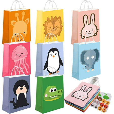 24 Pack Animal Party Favor Bags,Kids Goodie Bags for Birthday Party,Animal Goodie Treat Bags,Colorful Paper Gift Bags with Handles,Candy Bags for Kids Jungle Animals Theme Party Supplies 8 Designs