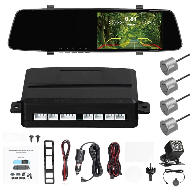 Riwcyla 1080P DVR Dash Camera with 4 Parking Sensor Reverse Radars Front & Rear Dual Camera Driving Recorder with 4.3 Inch Screen Support Night,Vision/Motion Detection/Collision Locking/Loop Recordi