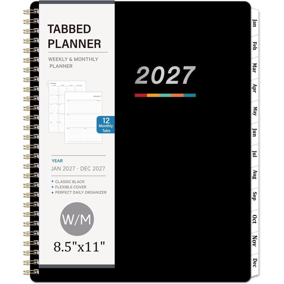 2027 Weekly and Monthly Planner Calendar, January 2027 - December 2027 | 8.5" x 11", Planner 2027 with Monthly Tabs, Spiral Binding, Thick Paper, Storage Pocket - Classic Black