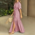thumbnail image 2 of Xaqiouau Women Solid Color V Neck Short Sleeve Wrap Maxi Dress Waist Tie Front Slit Elegant Flowy Boho Chic Casual Vacation Daily Summer Dress Red L, 2 of 5