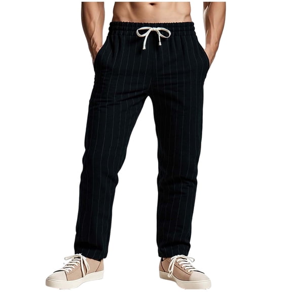 YLSDY Mens Cotton Linen Pants Striped Elastic Waist Lightweight Casual Pant Relaxed Fit Beach Outfits Breathable with Pockets Black S