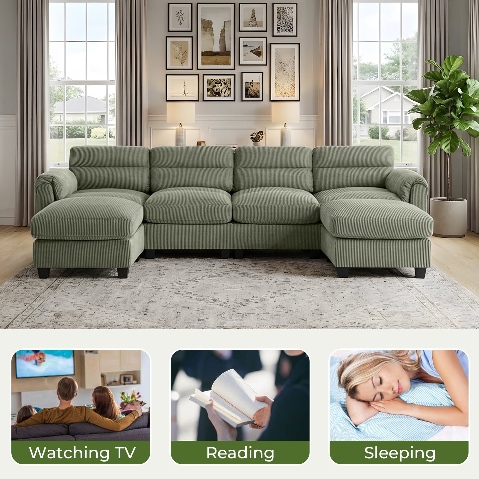 Bonzy Home Modular Sectional Sofa Couches for Living Room U-Shaped Sofa Green