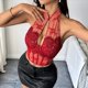 thumbnail image 5 of Top Corto de Encaje con Espalda Halter para Mujer, Estilo Cheongsam , con Cuello Halter Vino Tinto L, 5 of 10