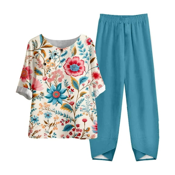 GXIPO Women’s Lightweight Linen Lounge Set 3/4 Sleeve Top and High Waist Long Capris Pants with Pockets Summer 2025 Blue 3XL