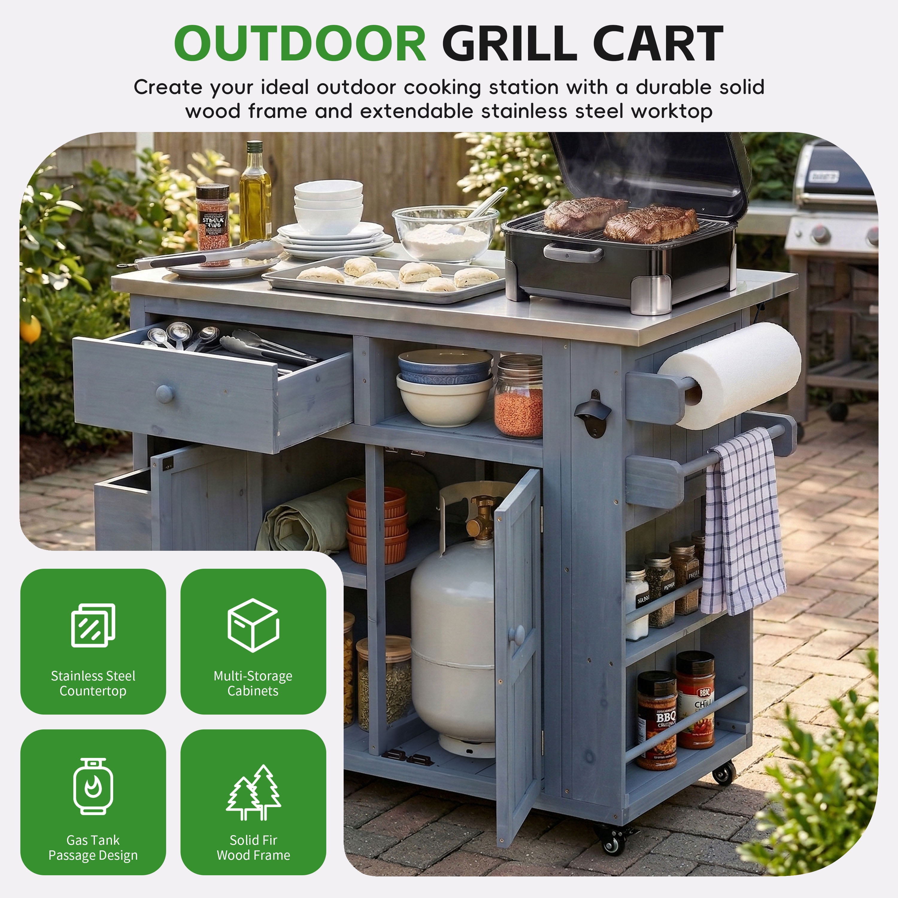 Mintazer 28" Extendable Outdoor Kitchen Island Cart with Stainless Steel Top & Side Spice Rack, Rolling Kitchen Island with Drawers & Storage, Gray