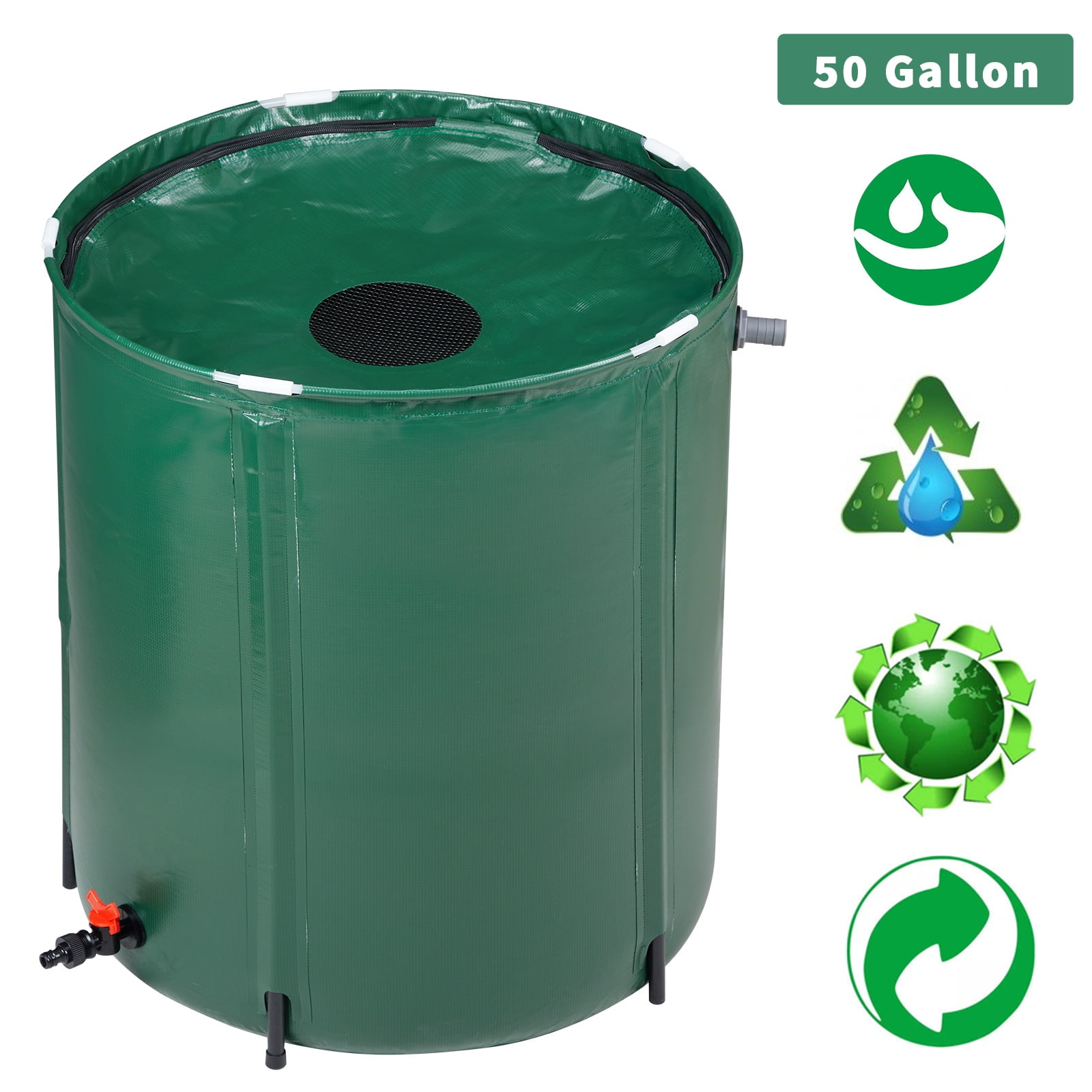Tcbosik 50 Gallon Collapsible Rain Barrel, Portable Water Storage Tank with Faucet, Rainwater Collection System, Water Catcher Container with Overflow Opening, Green