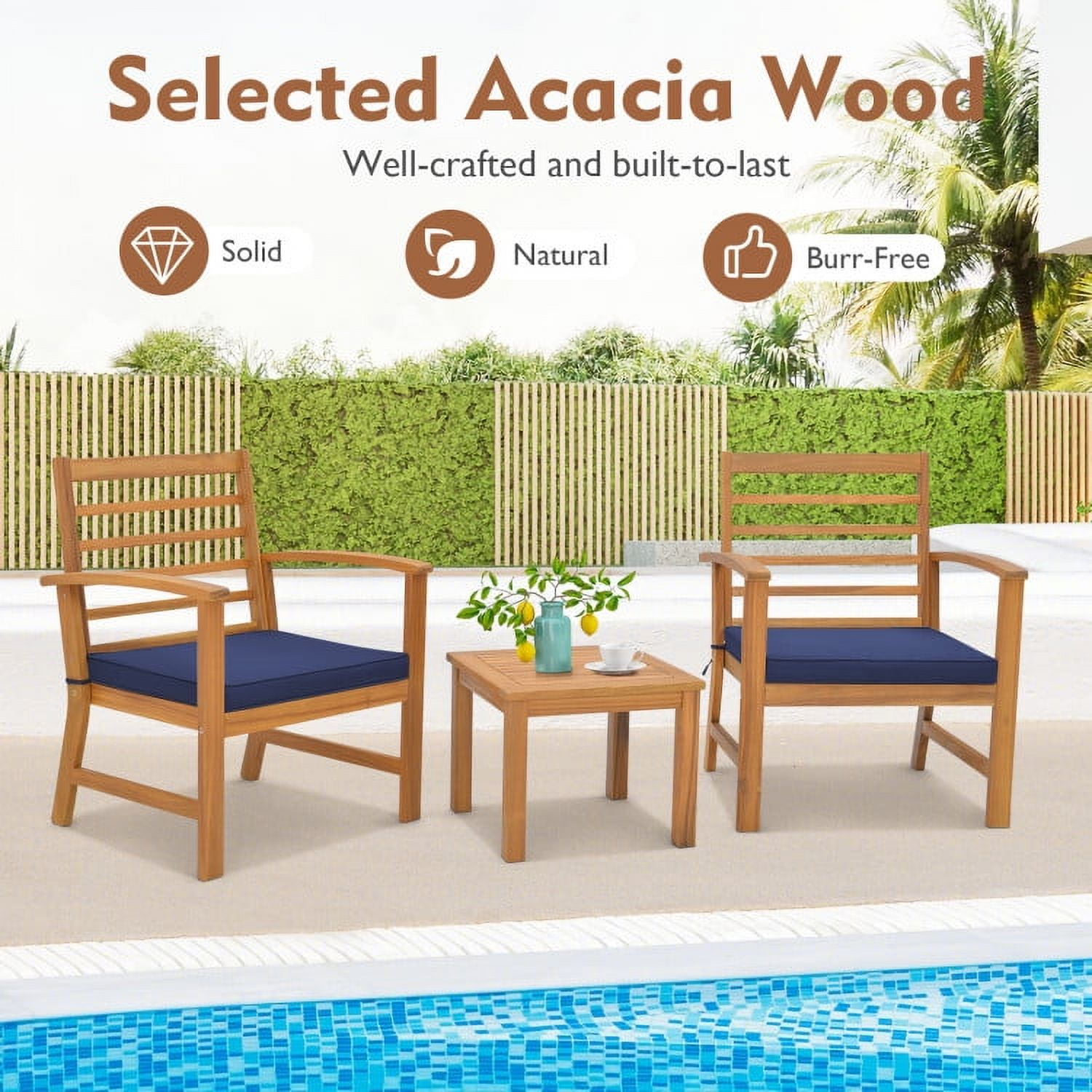 Aimee Lii 3 Pieces Outdoor Furniture Set with Stable Acacia Wood Frame, Patio Furniture Sets, Navy
